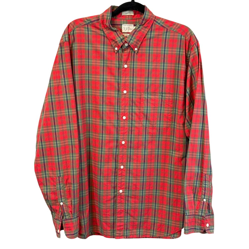 J. Crew Secret Wash Classic Red Green Plaid Button Up Size Large